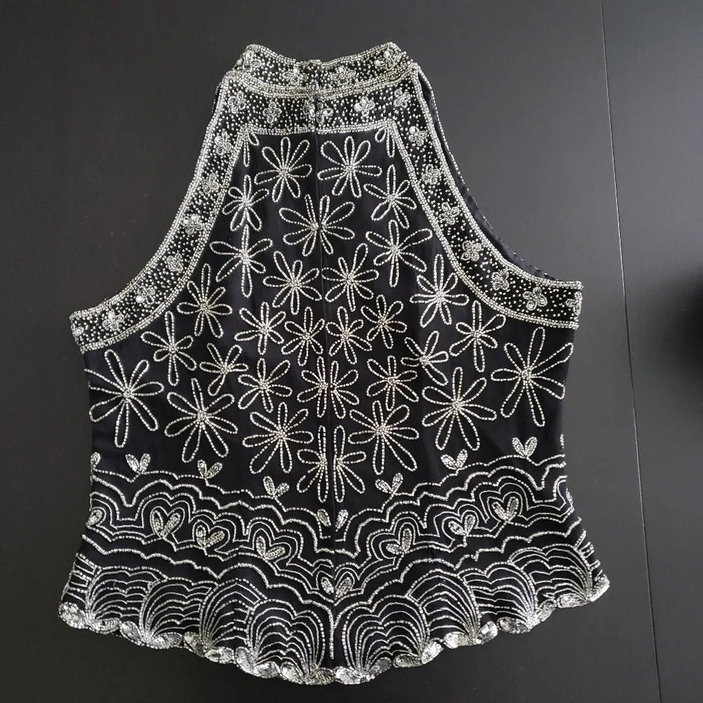 Papell Boutique 100% Silk Black and Silver Embellished Top Size Xl - Picture 2 of 7